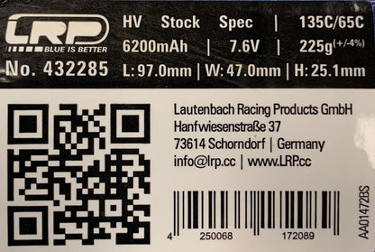 LRP LCG 2S Stock Spec Graphene-4.1 LiHV Battery 135C (7.6V/6200mAh) (5mm Bullet) (EFRA Approved)