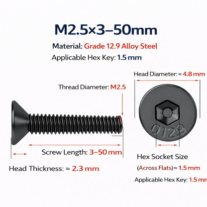M2.5 Grade 12.9 Cr-Mo Alloy Steel Hex Socket Countersunk Flat Head Screws (1Pcs)