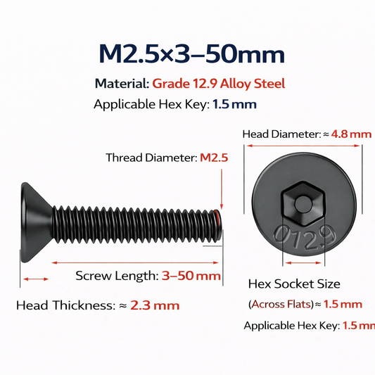 M2.5 Grade 12.9 Cr-Mo Alloy Steel Hex Socket Countersunk Flat Head Screws (1Pcs)