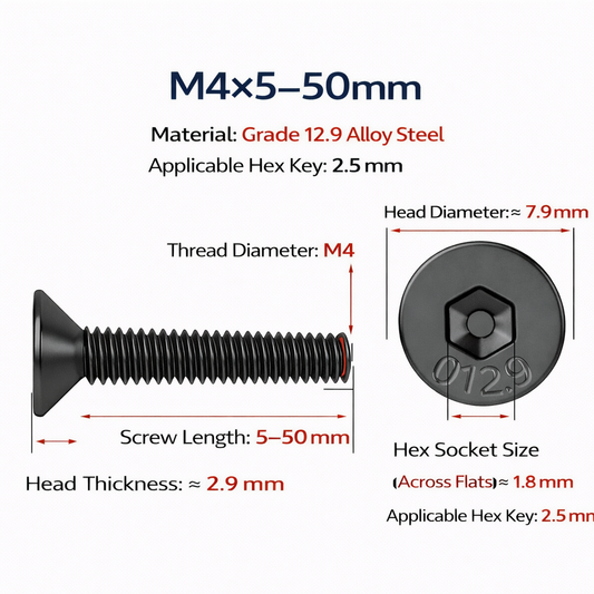 M4 Grade 12.9 Cr-Mo Alloy Steel Hex Socket Countersunk Flat Head Screws (1Pcs)