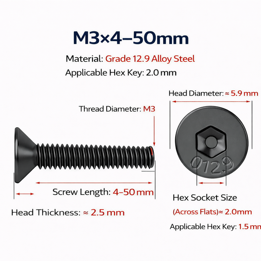 M3 Grade 12.9 Cr-Mo Alloy Steel Hex Socket Countersunk Flat Head Screws (1Pcs)