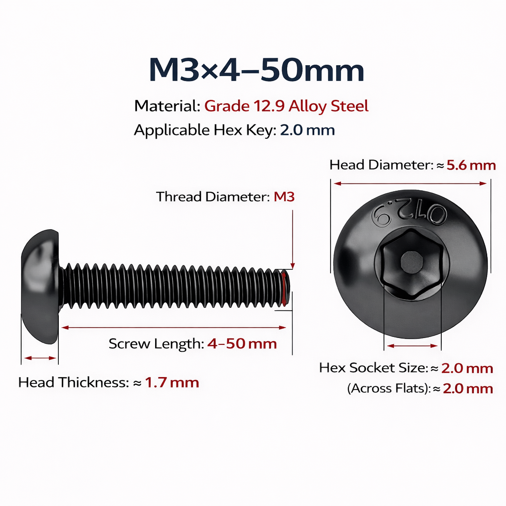 M3 Grade 12.9 Cr-Mo Alloy Steel Hex Socket Button Head Screws