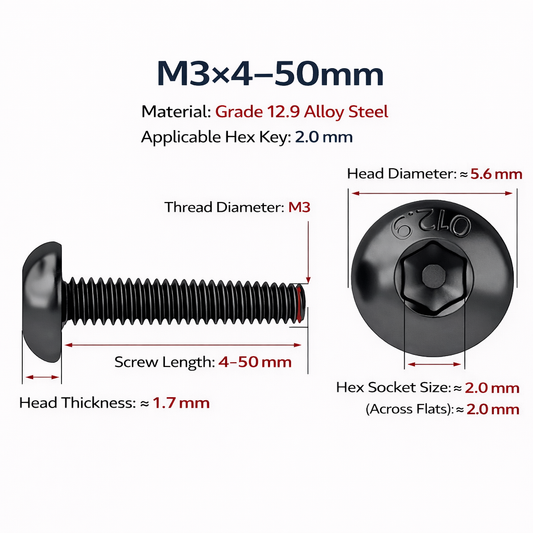 M3 Grade 12.9 Cr-Mo Alloy Steel Hex Socket Button Head Screws