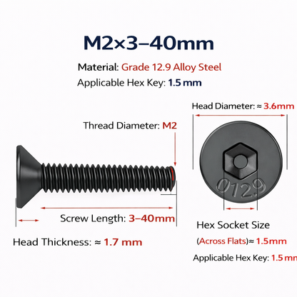 M2 Grade 12.9 Cr-Mo Alloy Steel Hex Socket Countersunk Flat Head Screws (1Pcs)