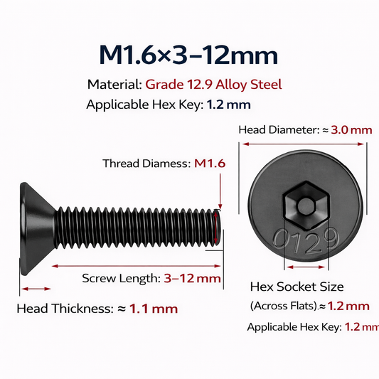 M1.6 Grade 12.9 Cr-Mo Alloy Steel Hex Socket Countersunk Flat Head Screws (1Pcs)