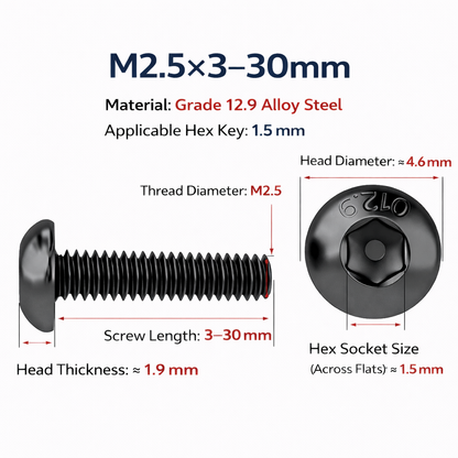 M2.5 Grade 12.9 Cr-Mo Alloy Steel Hex Socket Button Head Screws