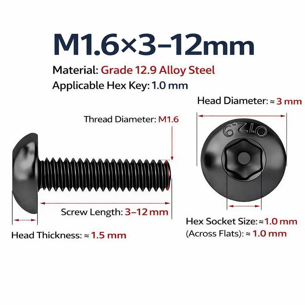 M1.6 Grade 12.9 Cr-Mo Alloy Steel Hex Socket Button Head Screws