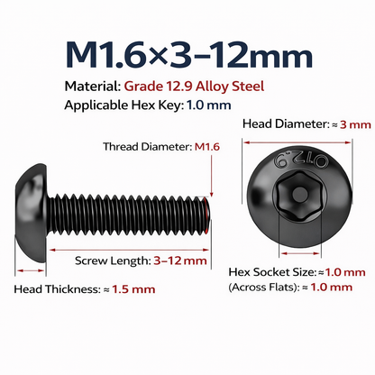 M1.6 Grade 12.9 Cr-Mo Alloy Steel Hex Socket Button Head Screws